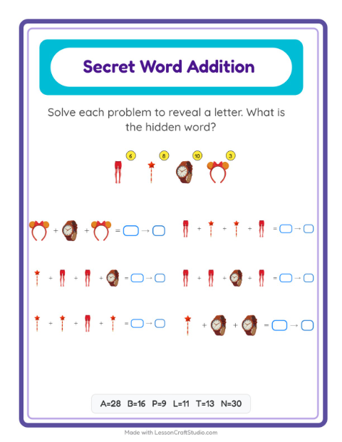 Secret Word Math with Accessories — Grade 2