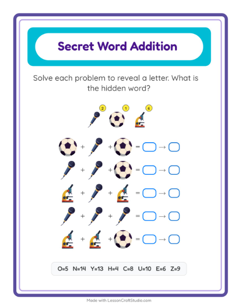 Preview of Code Addition worksheet featuring Activities for kindergarten