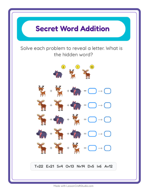 Secret Word Math with Animals — Grade 2