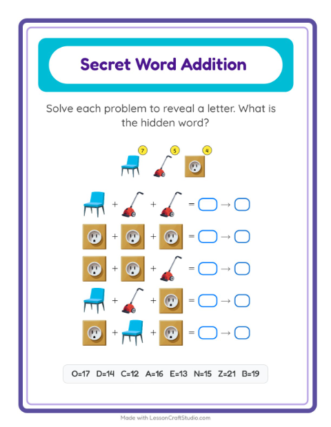 Secret Word Addition with Household Things