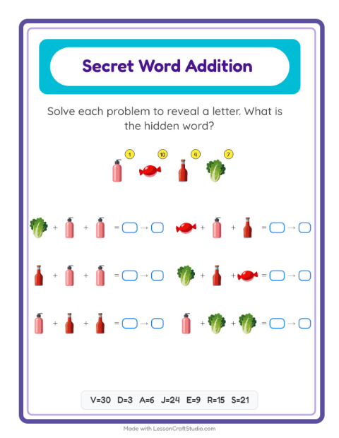 Secret Word Math with Supermarket Things — Grade 2