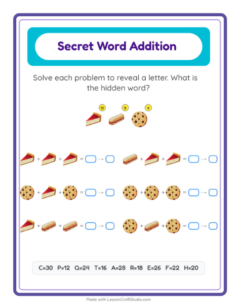 Secret Word Math with Bakery Treats — Grade 2