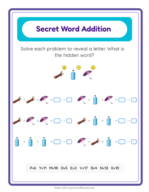 Secret Word Addition with Beach Things