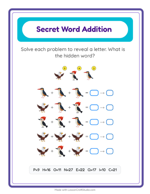 Secret Word Math with More Birds — Grade 2