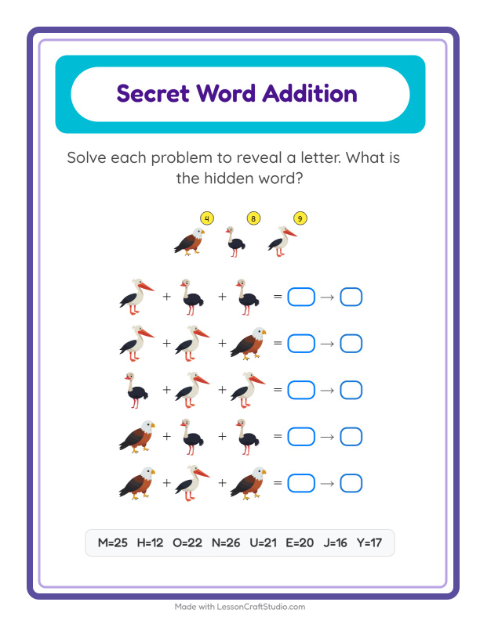Secret Word Math with Birds — Grade 2
