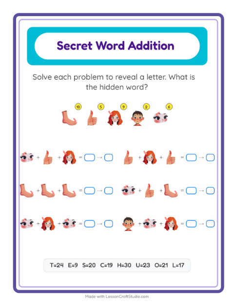 Secret Word Math with Body Parts — Grade 2