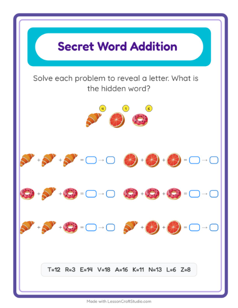 Secret Word Addition with Breakfast