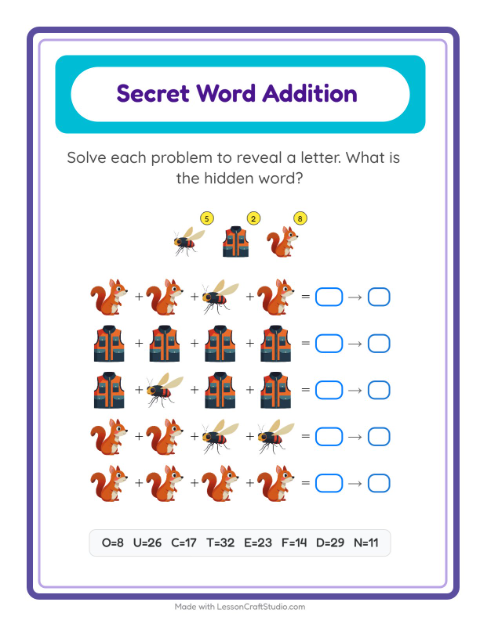Secret Word Math with Camping Gear — Grade 2