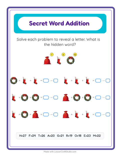 Secret Word Math with Christmas — Grade 2