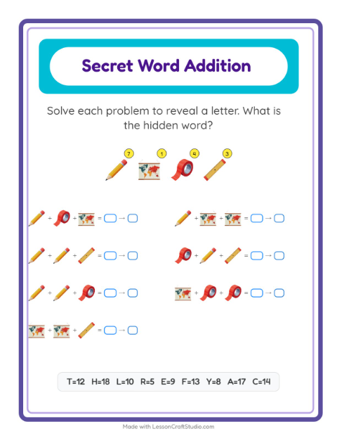 Secret Word Addition with Classroom Objects