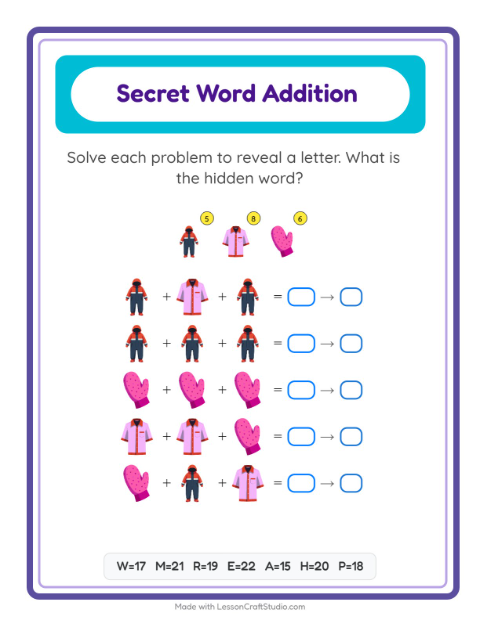 Secret Word Math with Clothes — Grade 2