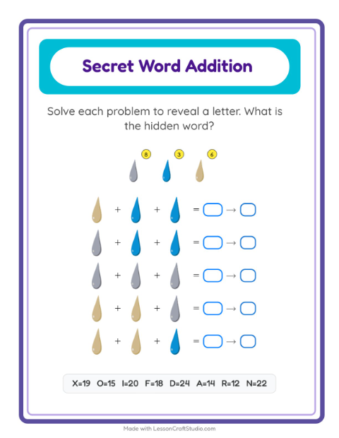 Secret Word Math with Colors — Grade 2