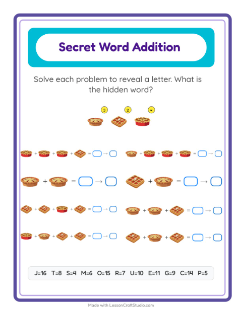 Secret Word Addition with Desserts and Sweets