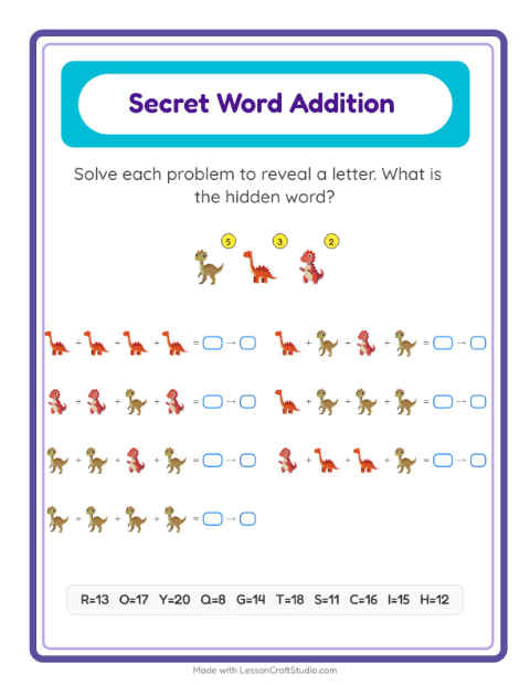 Secret Word Addition with Dinosaurs