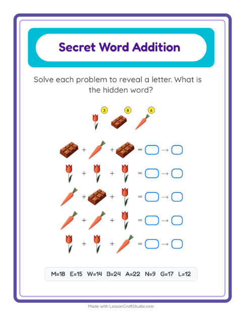 Secret Word Math with Easter — Grade 2