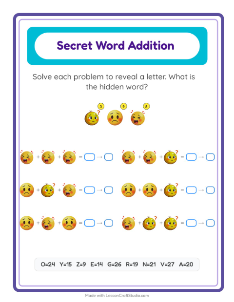 Secret Word Math with Feelings — Grade 2