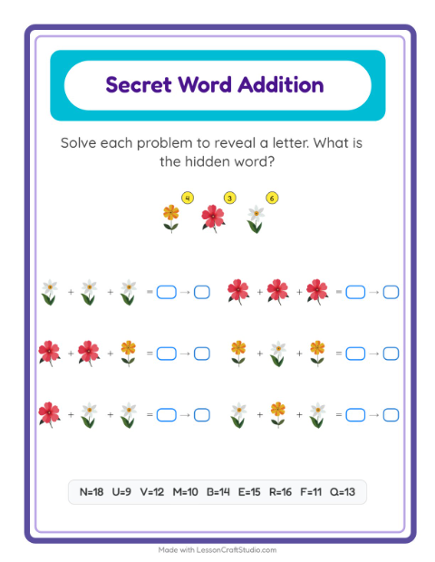 Secret Word Addition with Flowers
