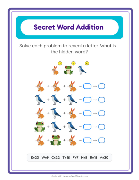 Secret Word Math with Forest Creatures — Grade 2