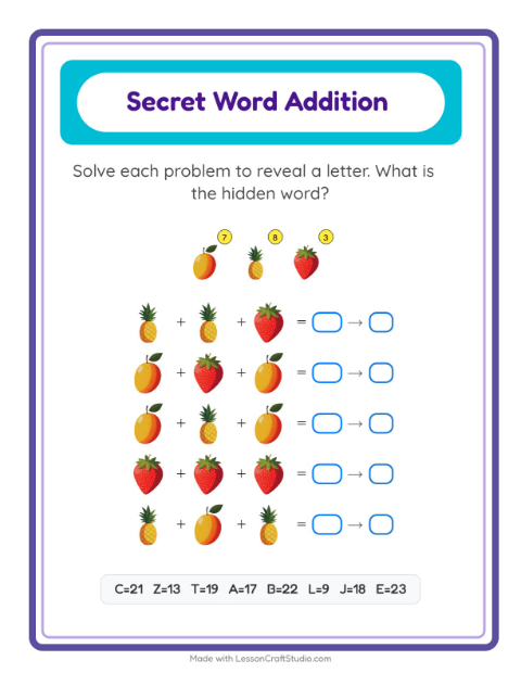 Secret Word Math with Fruits — Grade 2