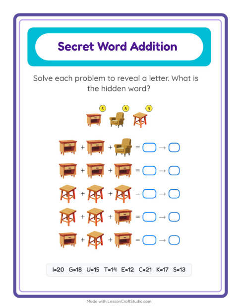 Secret Word Addition with Furniture
