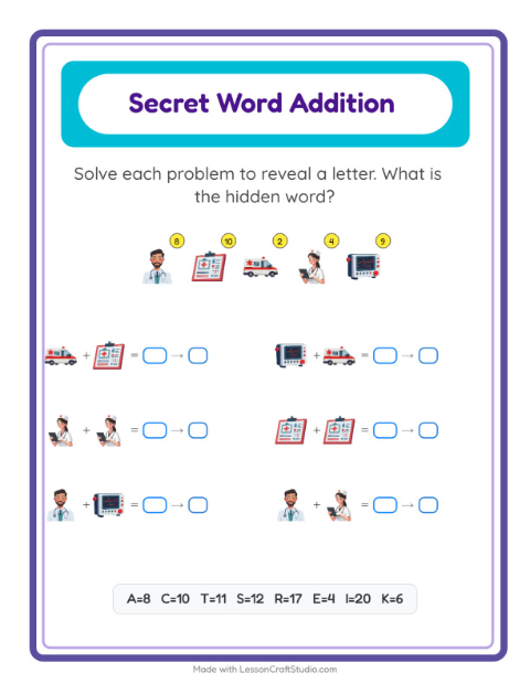 Secret Word Addition with Hospital Things