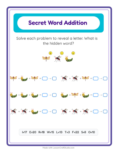 Secret Word Math with Insects and Bugs — Grade 2