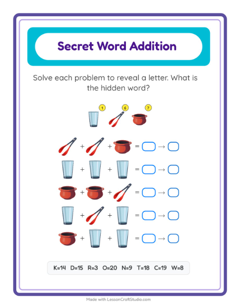 Secret Word Addition with Kitchen Tools