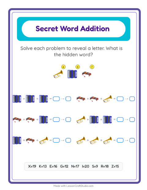 Secret Word Addition with Musical Instruments