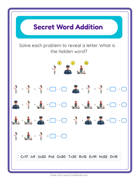 Secret Word Math with Community Helpers — Grade 2