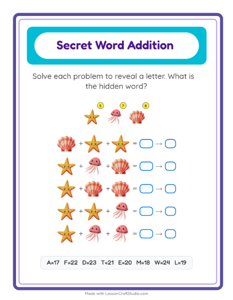 Secret Word Math with Ocean Life — Grade 2