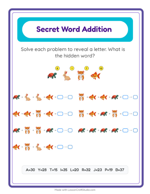 Secret Word Math with Pets — Grade 2