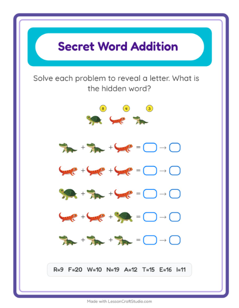 Secret Word Addition with Reptiles and Amphibians