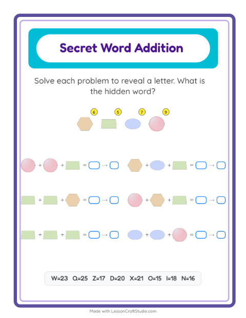 Preview of Secret Word Math with Shapes — Grade 2