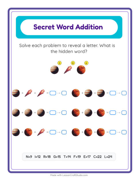 Preview of Secret Word Addition with Space — Grade 1