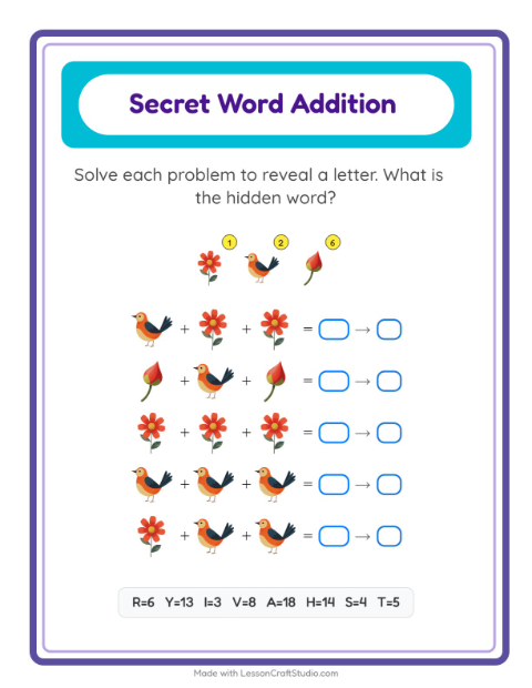 Preview of Code Addition worksheet featuring Spring for kindergarten