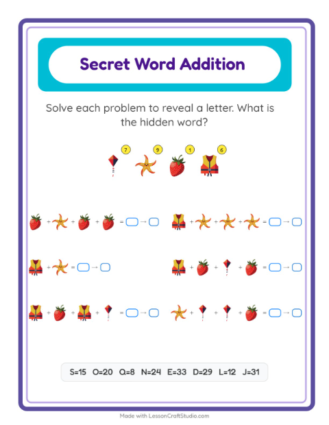 Secret Word Math with Summer — Grade 2