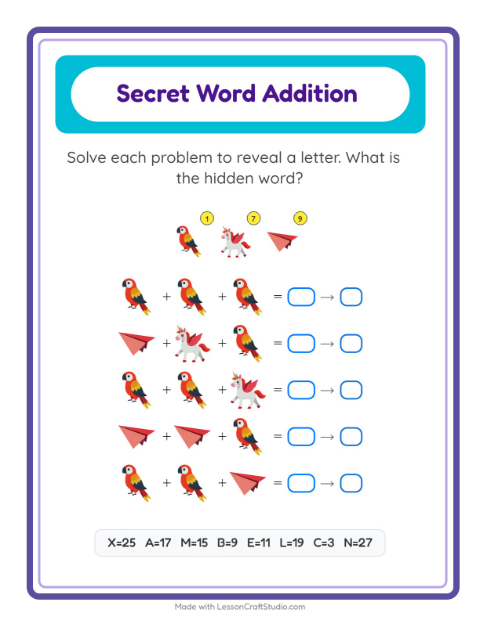 Secret Word Addition with Things That Fly