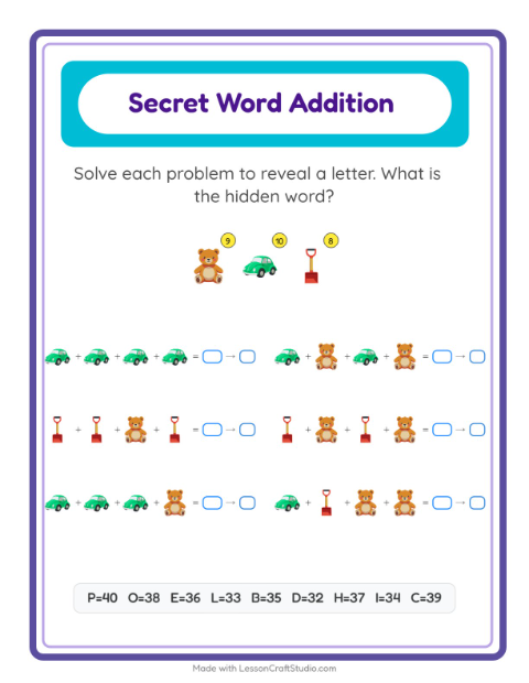 Preview of Secret Word Math with Toys — Grade 2