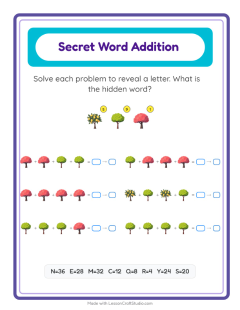 Secret Word Math with Trees — Grade 2