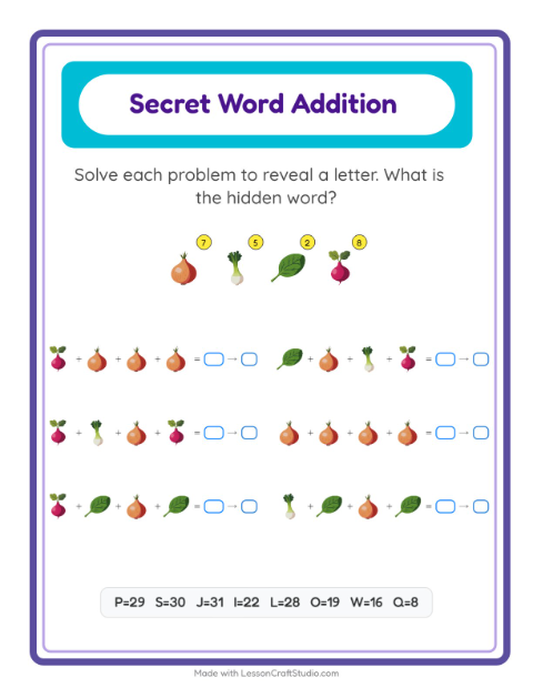 Secret Word Math with Vegetables — Grade 2