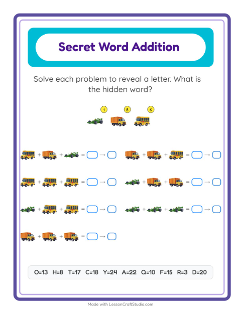 Secret Word Math with Vehicles — Grade 2