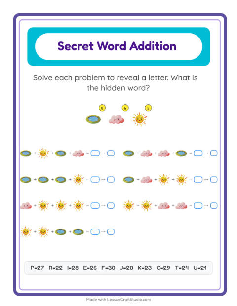 Secret Word Math with Weather — Grade 2