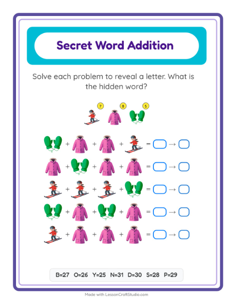 Secret Word Math with Winter — Grade 2