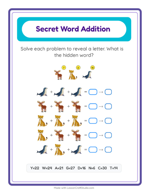Secret Word Math with Zoo Animals — Grade 2