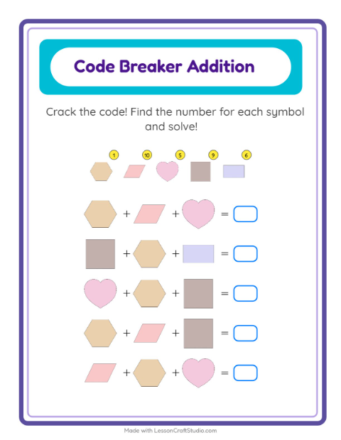 Secret Code Addition with Shapes — Grade 1 — 2