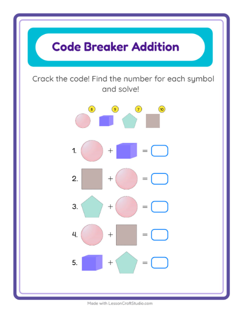 Preview of Secret Code Addition with Shapes — Grade 1