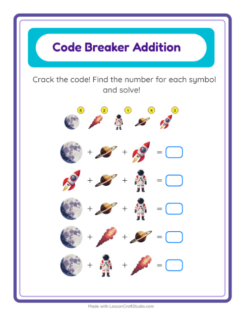 Secret Code Addition with Space — Grade 1 — 2