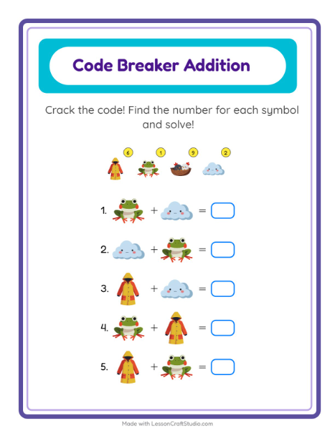 Preview of Code Addition worksheet featuring Spring for kindergarten