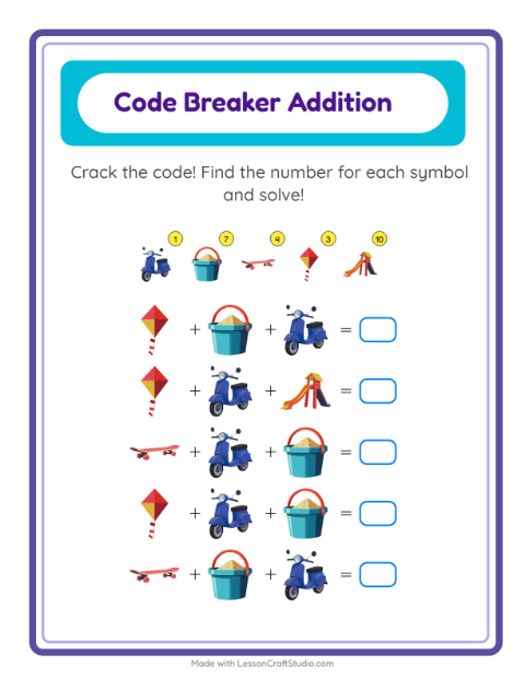 Secret Code Addition with Toys — Grade 1 — 2