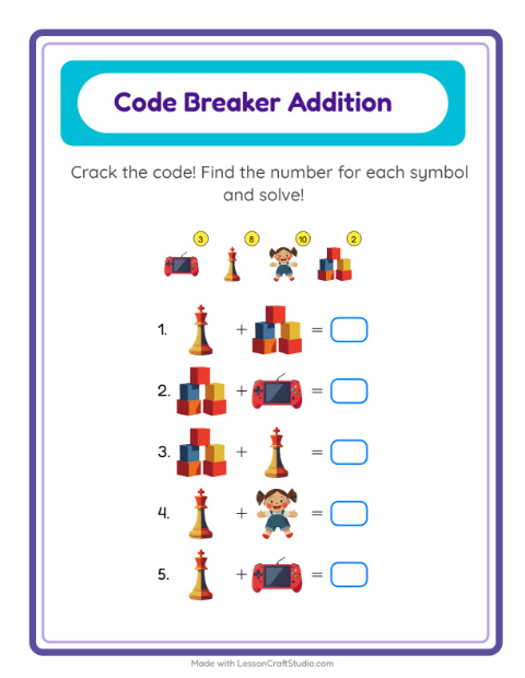 Preview of Secret Code Addition with Toys — Grade 1